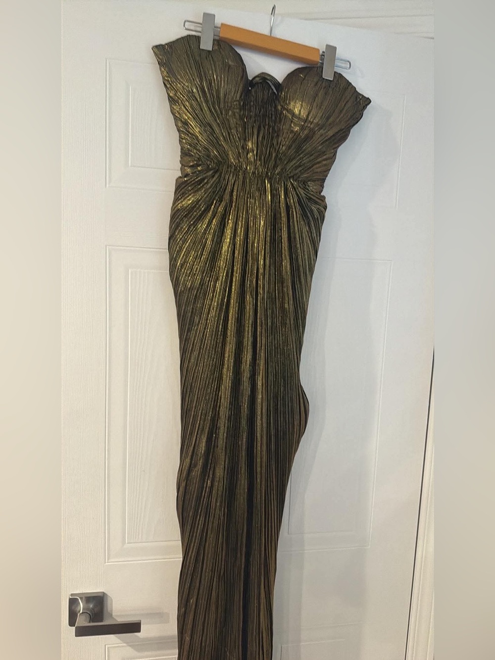 Strapless Gold Metallic Pleated Maxi Dress